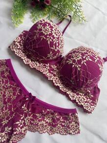 Kit With 3 Sets With Lace Cups Lingerie Panties And Bra Intimate Fashion - 彩色 - 查看 1