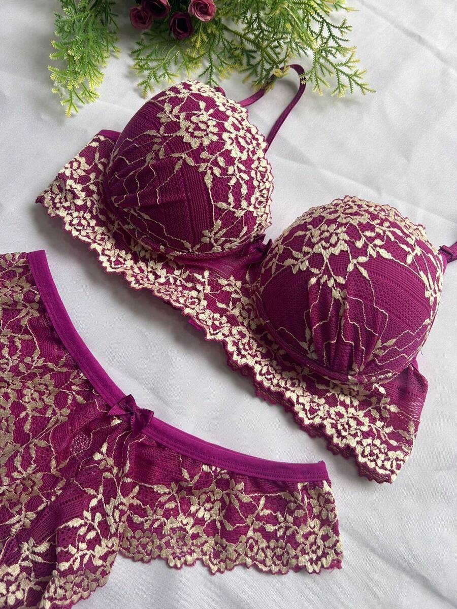 Kit With 3 Sets With Lace Cups Lingerie Panties And Bra Intimate Fashion - 彩色 - 查看 1
