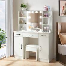 Vanity Dressing Table Set Makeup Desk  10 LED Light Mirror Stool 3 Lighting Modes Adjustable Brightness,Girls Vanity Set,Makeup Vanity Table For Bedroom - Blanco - Ver 1