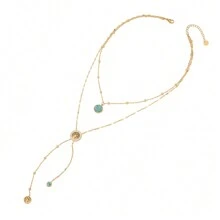 Freegrow 1pc Turquoise Stone & Tree Of Life Design Stainless Steel Double Layered Chain Necklace Suitable For Women's Daily Wear - Gold - View 3