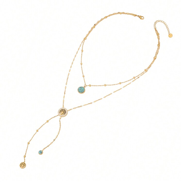 Freegrow 1入綠松石石頭＆生命之樹設計不鏽鋼雙層鍊子項鍊,適合女性日常穿著 - 金色 - 查看 3