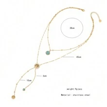 Freegrow 1pc Turquoise Stone & Tree Of Life Design Stainless Steel Double Layered Chain Necklace Suitable For Women's Daily Wear - Gold - View 2