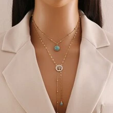 Freegrow 1pc Turquoise Stone & Tree Of Life Design Stainless Steel Double Layered Chain Necklace Suitable For Women's Daily Wear - Gold - View 1