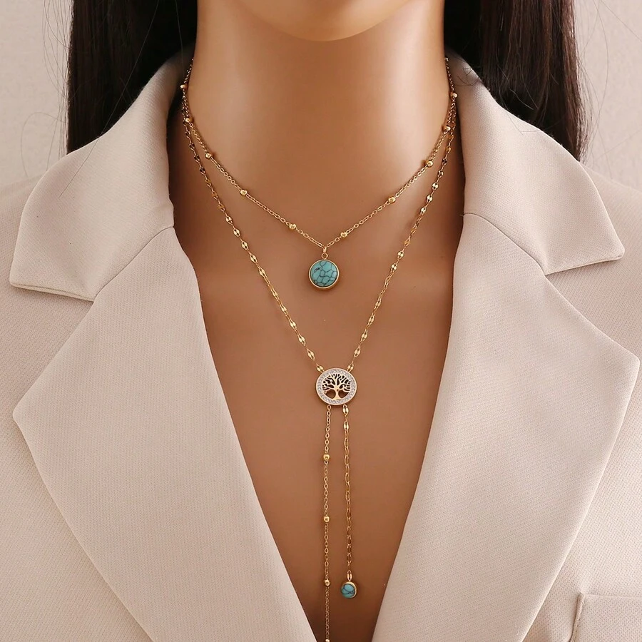 Freegrow 1pc Turquoise Stone & Tree Of Life Design Stainless Steel Double Layered Chain Necklace Suitable For Women's Daily Wear - Gold - View 1