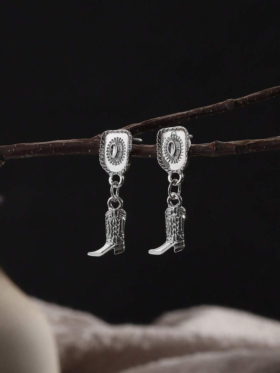 1pair European And American Vintage Western Style Alloy Cowboy Hat And Boot Shaped Stud Earrings For Women Daily Wear - Silver - View 1