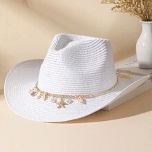1pc Unisex Shell Decor Sun Visor Straw Cowboy Hat,For Party Boho - Camel - View 16