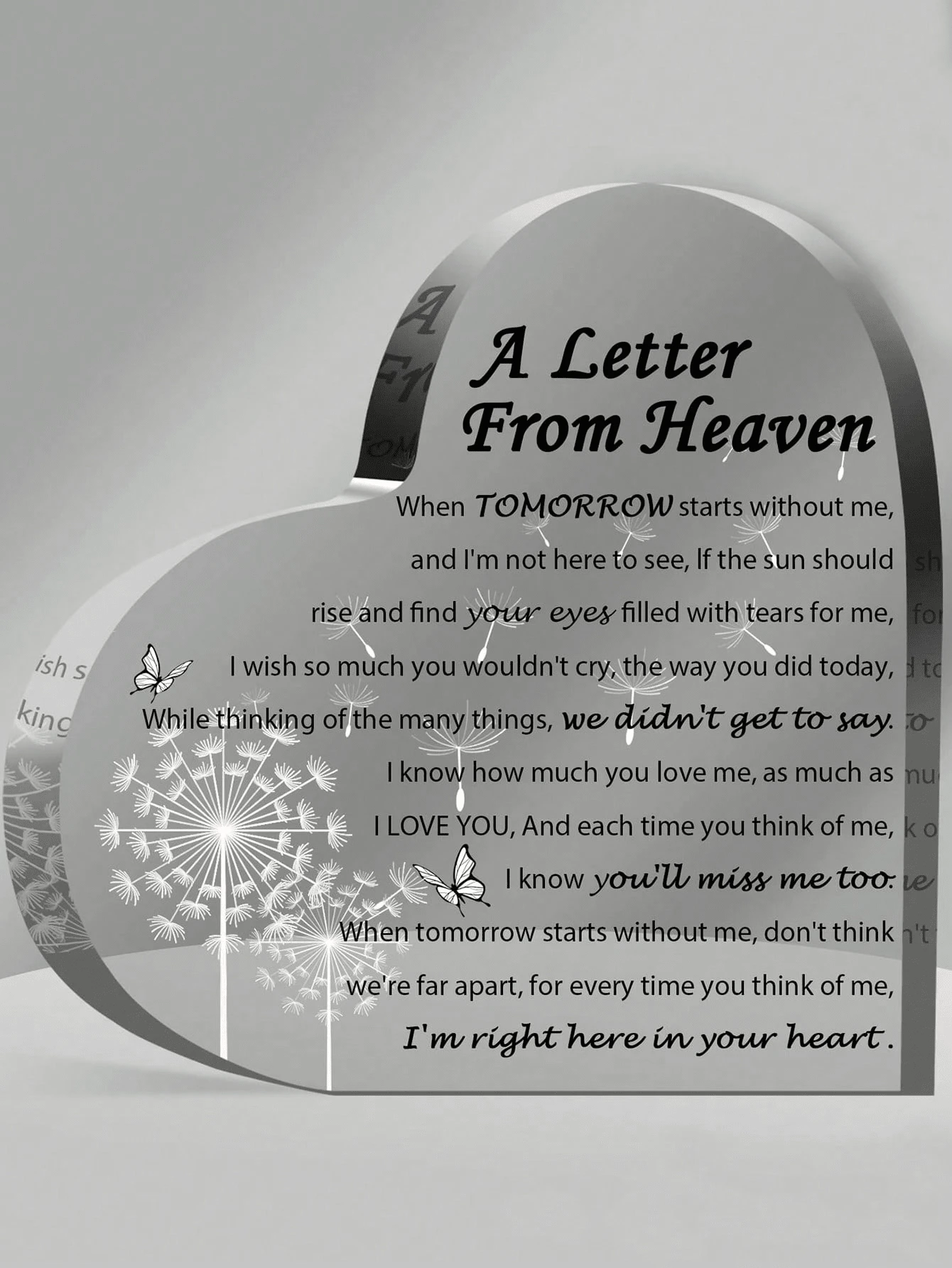 1 Pieza Regalo De Pésame - Una Carta Desde El Cielo - Regalo Conmemorativo Para Aquellos Que Perdieron A Su Madre, Padre, Esposo, Hijo, Placa De Decoración Conmemorativa En Forma De Corazón De Acrílico. - Multicolor - Ver 1