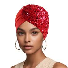 Fashion Women's Solid Color Beanie Hat Bling Side Sequin Decorated Stretch Turban Hat Bonnet Hair Bonnet Turban Christmas