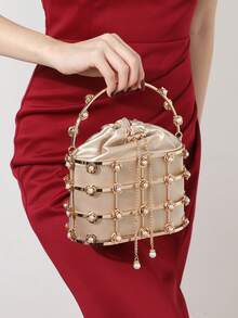 Diamond & Metallic Drawstring Evening Clutch, Can Be Carried By Hand Or Shoulder - Gold - View 2