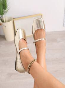Women's Square Toe Quality Soft Leather Flat Shoes, Pumps For Office Lady With Vintage Gentle Fairy Style, Fit For Skirt - Gold - View 2