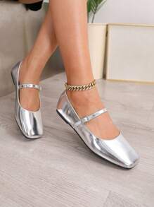 Hatastic 女士方头软皮平底鞋，设计简约，复古可爱，适合通勤和搭配裙装，圣诞礼物之选。 - 銀色 - 查看 10