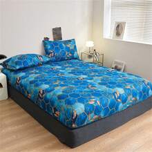 3pcs Geometric Pattern Grid Print Modern Style Bedding Set With 1 Fitted Sheet And 2 Pillowcases, Without Filler, Four Seasons Available For Bedroom