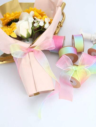 1 Roll Gradient Rainbow Edge Transparent Ribbon, 1 Inch Wide And 354 Inch Long, For Flower Arrangement, Gifts, Wedding, Valentine's Day, Festival, Bouquet, Cake Packaging, Decoration, Ribbon Bow,Christmas Valentine Day