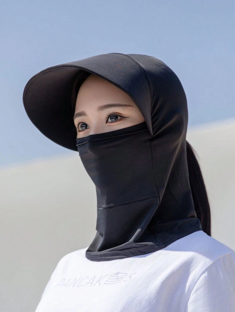 1 pieza Sombrero con velo protector solar con máscara facial y cubierta para el cuello incorporadas, máscara de seda de hielo, estilo - Gris - Ver 1