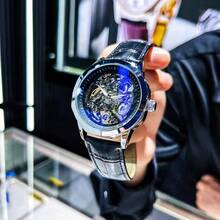 FENSIR 1 件男士自动镂空机械表，时尚简约防水夜光皮表带黑色男士腕表