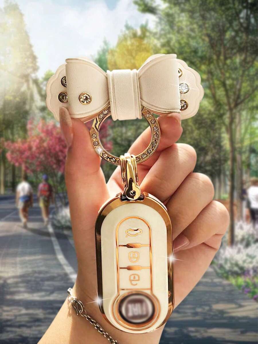 1set Keychain & Car Key Case Compatible With Fiat 500, Key Fob Cover - White - View 1