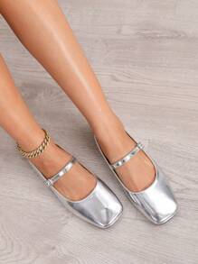 Hatastic 女士方头软皮平底鞋，设计简约，复古可爱，适合通勤和搭配裙装，圣诞礼物之选。 - 銀色 - 查看 9