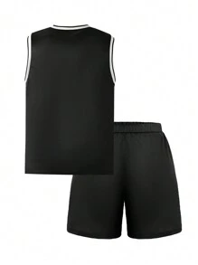 2pcs Summer Tween Boy Casual Sports Quick-Dry Mesh Outfit, Featuring Flat Collar, Letter & Flame Print Sleeveless Top And Shorts Set