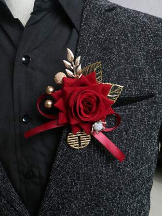 1 件勃艮第玫瑰胸花，适合新郎、伴郎、新娘和新郎的父亲和母亲，适合传统中式婚礼情人节