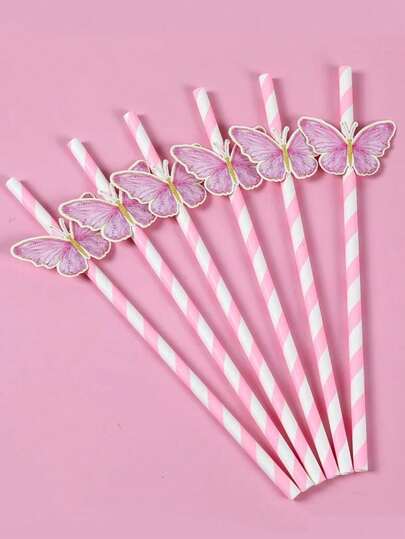 10/20/30pcs Purple Butterfly Paper Straws Happy Birthday Wedding Decorative Event Tropical Party Drinking Straw Supplies