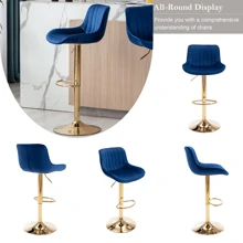 24-32 Inch Velvet Bar Stools, Counter Height Adjustable Swivel Barstools High Bar Chairs With Back & Golden Metal Base, Simple Bar Stool With Footrest For Home Kitchen Island, Pub(Ivory, Set Of 2) - Navy - View 2