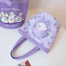 Cute Cartoon Rabbit Print Purple Canvas Bag Student Shopping Tote Bags For Women Girls Sweet Bucket Bag Lunch Bag Handbags