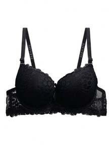 Push-Up Effect Floral Lace Design Bra - Black - View 2