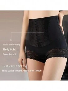 1pc Women Lace Shapewear Leggings, Seamless High Waist Tummy Control Pants, Sexy Floral Trim Slimming Underwear, Leggings