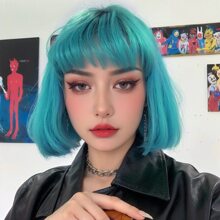 藍綠色直發玲瓏鬈髮假髮,帶劉海合成全髮假髮,適合女性cosplay假髮（藍綠色） - 水鴨藍 - 查看 4