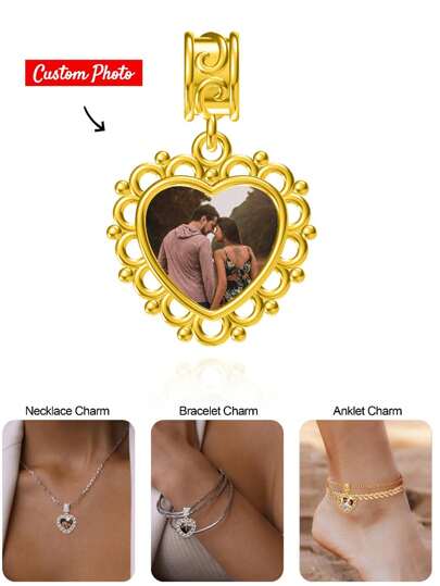 1pc Personalized Photo Bracelet Pendant, Gift For Mother, Daughter, Girlfriend, Wife, Best Friend, Includes Photo Necklace Pendant, Photo Anklet Pendant, And Heart/Round Pendant Beads