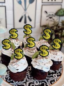 50pcs/Pack Dollar Sign Cake Toppers For Decorating Cupcakes, Birthday Cake - Gold - View 2