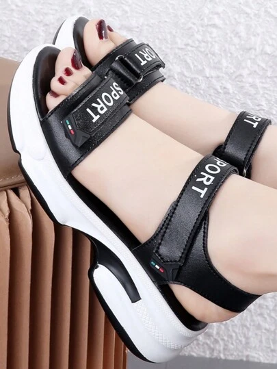 Summer Women's Black Thick-Soled Casual Sandals With Open Toe & Breathable Design, Outdoor Beach Shoes With Hook And Loop For Increased Height