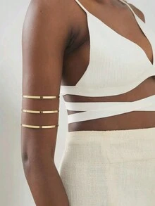 1pc Personalized Exaggerate Geometrical Lines Design Metal Arm Cuff With Rhinestone Fit For Women's Daily Wear In Summer - Gold - View 5