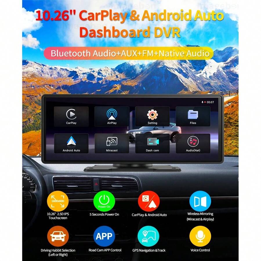 10.26" Wireless Iphone Projection Android Auto Dash Cam No Front Cam