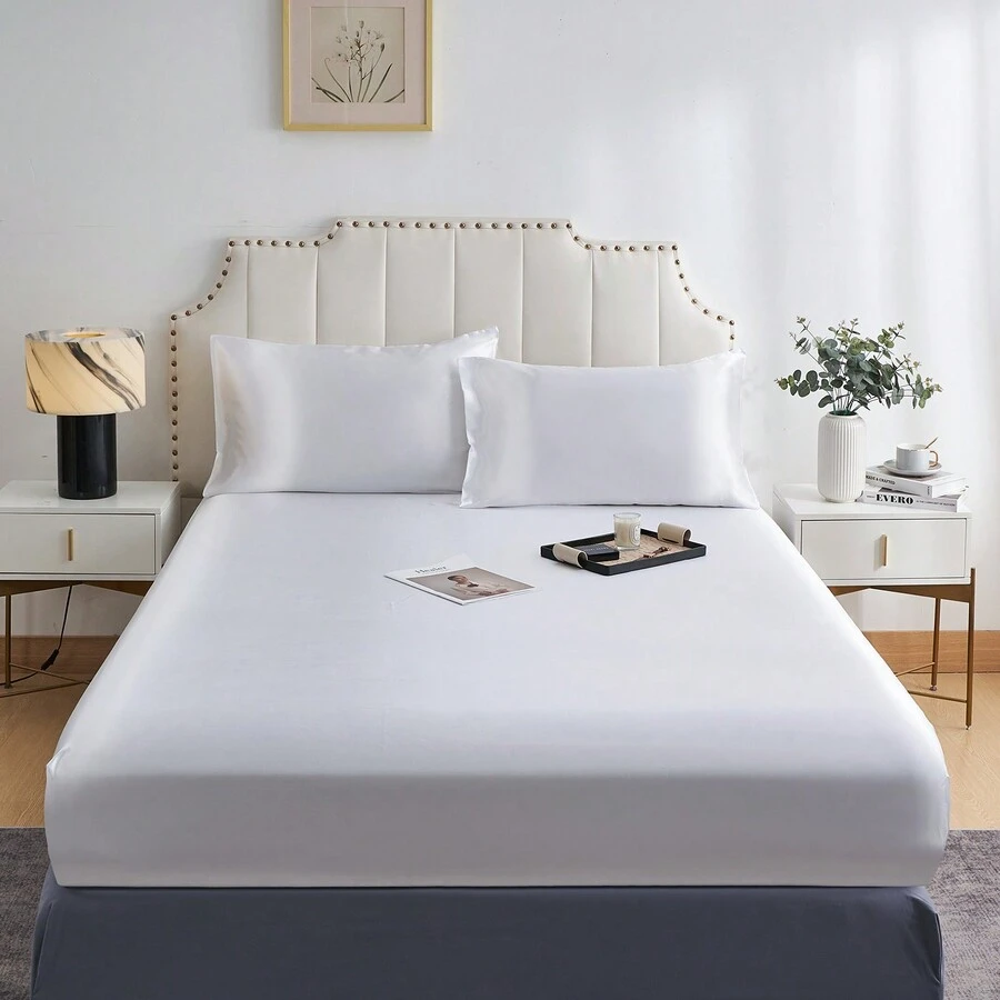 1 件白色缎面床笠-深口袋缎面丝滑床笠，透气柔软舒适-抗皱、防褪色、缎面耐磨 - 白色 - 查看 1