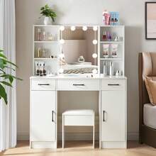 Vanity Dressing Table Set Makeup Desk  10 LED Light Mirror Stool 3 Lighting Modes Adjustable Brightness,Girls Vanity Set,Makeup Vanity Table For Bedroom - Blanco - Ver 2
