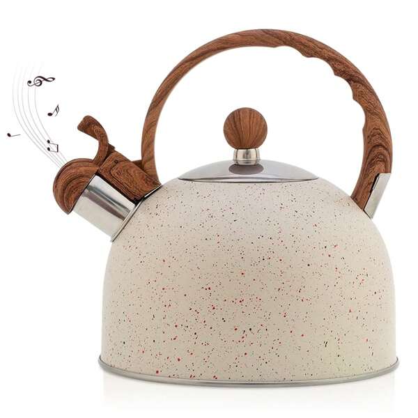 Tetera, 2.5 (aprox. 2.5 Litros) Tetera Silbante Para La Cocina De Acero Inoxidable Con Patrón De Madera Y Mango Plegable