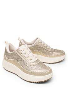 Women Platform Casual Sneakers Thick-Sole Woven Style Fashion Comfortable Wedge Sneakers Autumn Winter Outdoor Sport Shoes - 金色 - 查看 6