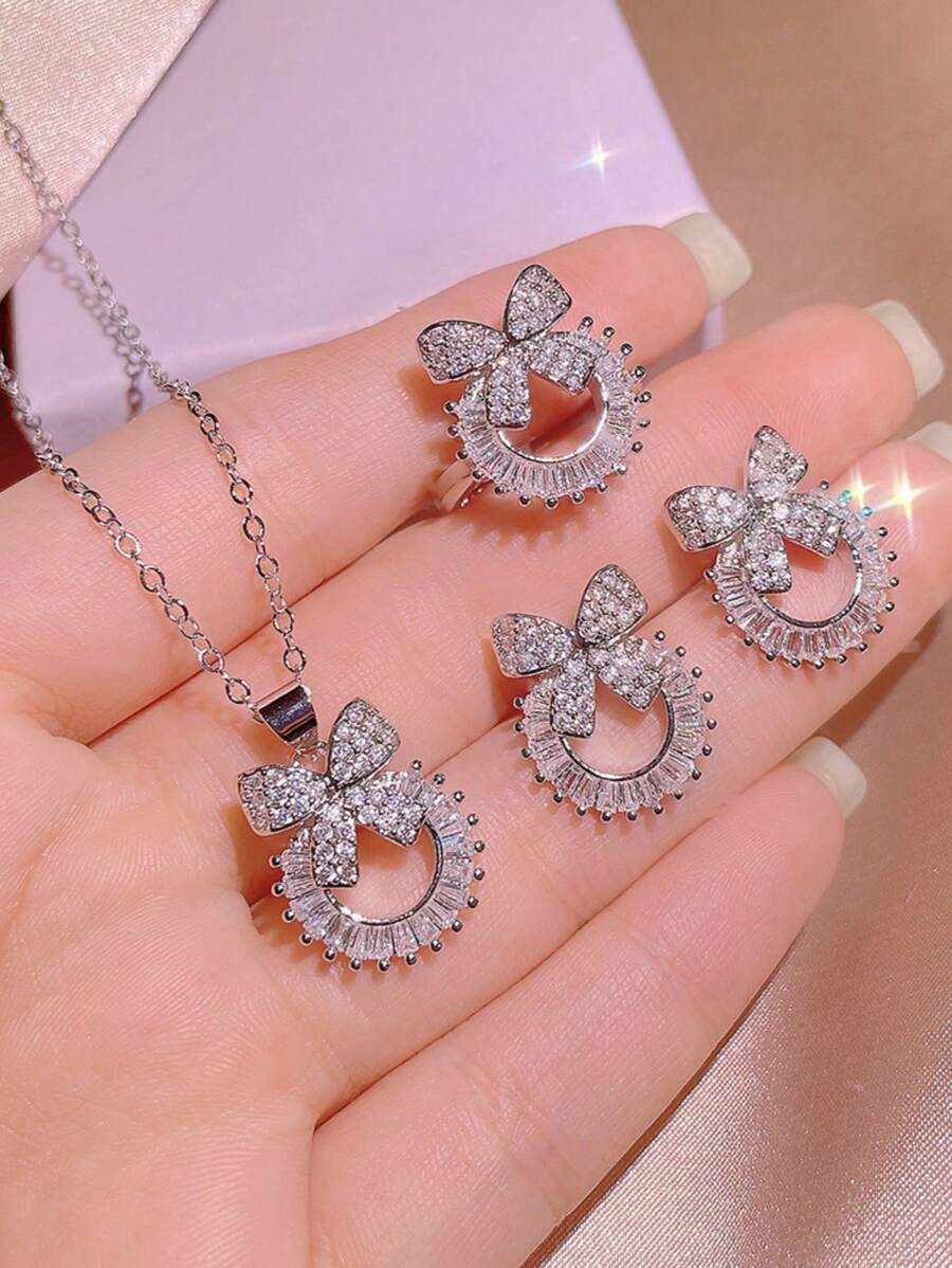 1set/4pcs Elegant And Sweet Bow Knot Full Rhinestone Earring, Necklace, Ring Set Valentines