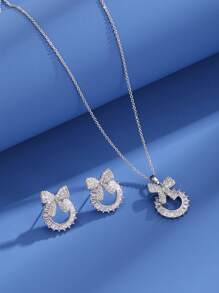 1set/4pcs Elegant And Sweet Bow Knot Full Rhinestone Earring, Necklace, Ring Set Valentines