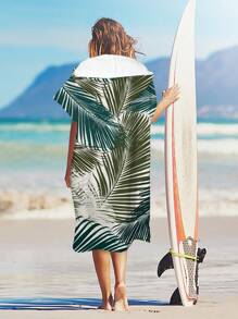 1pc Deep Green Leaf Print Wearable Bath Towel, Personalized Superfine Fiber Quick-Drying Poncho Style Towel With Zipper, Adult Unisex, Suitable For Use After Shower, Windproof, Sunscreen, Insulation, Beach, Outdoor, And Home Summer Wedding Home Bathroom Decor Beach Wear Back To School