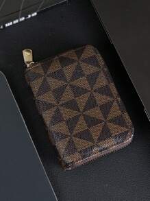 Fashionable Plaid Pattern Casual Retro Zipper Small Card Holder Portable Lightweight Coin Purse Unisex Card Case Card Wallet Credit Card Holder Mini Wallet - Brown - View 4