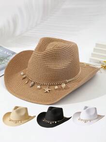 1pc Unisex Shell Decor Sun Visor Straw Cowboy Hat,For Party Boho - Camel - View 11