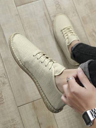 1 Pair Men Woven Fisherman Shoes, Breathable Linen Shoes, Casual Shoes, Canvas Shoes, Low-Cut Shoes, All-Match Slip-On Loafers, Handmade Woven Retro Fitness Shoes, Loafers, Wading Shoes, Barefoot Shoes, Closed-Toe Woven Fiber Linen Shoes, Slip-On Casual Shoes, Canvas Shoes With Rubber Sole