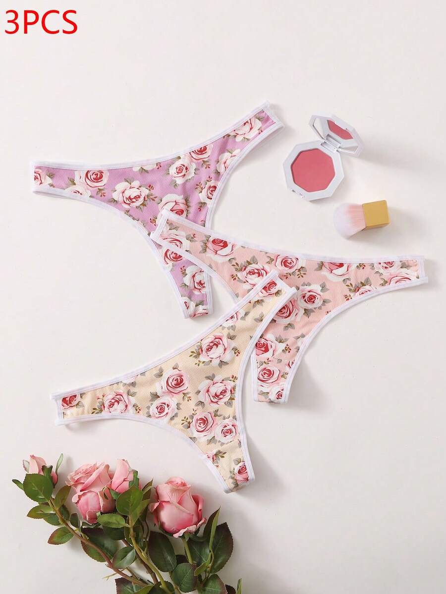3pcs Ladies Floral Printed Thongs - Multicolor - View 1