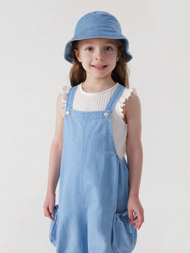 MARC&JANIE Young Girls' Fashionable And Sweet Bow Knot Large Pocket Denim Overalls For Spring And Summer - Light Wash - View 3