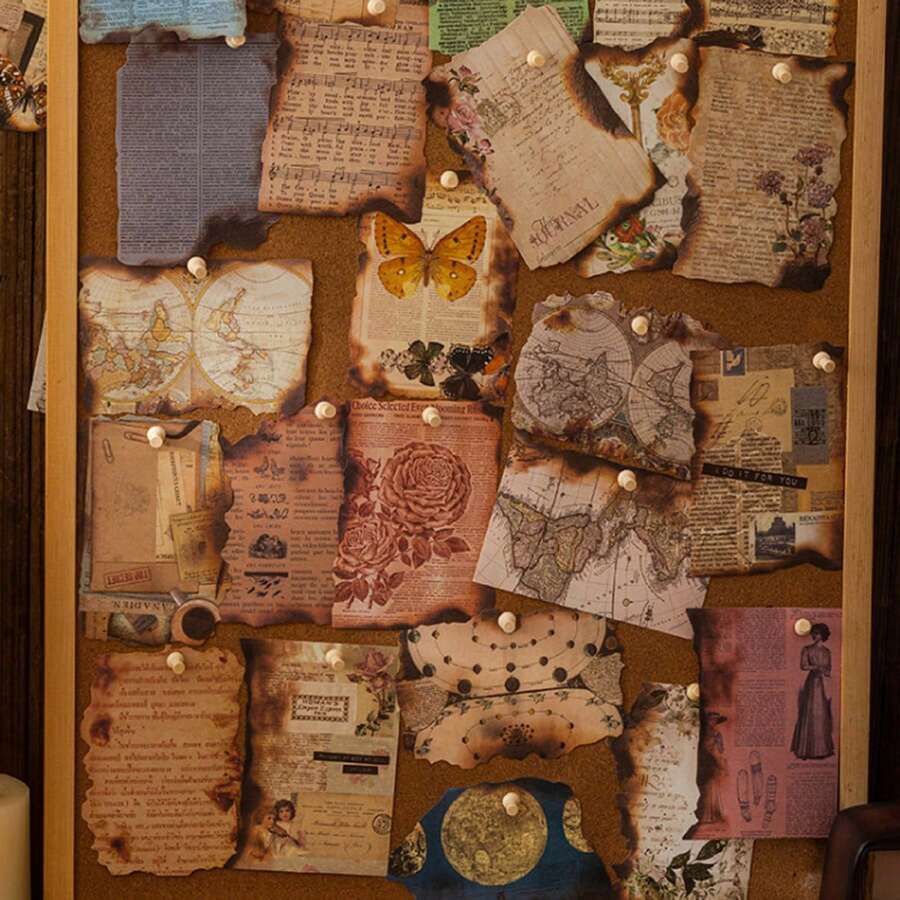 30入組復古手帳材料套裝,包括特殊設計紙張、背景紙、貼紙套裝,網美風格 - 棕色 - 查看 1