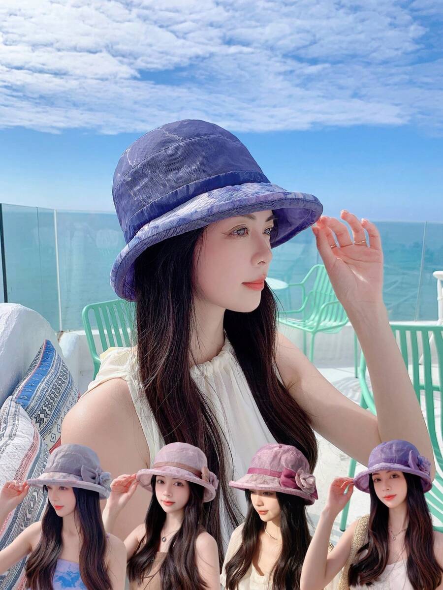 簍箩帽休閒夏日防曬帽，夏季翻邊遮陽帽，時尚百搭簍箩帽，適合旅遊和戶外活動。 - 彩色 - 查看 1