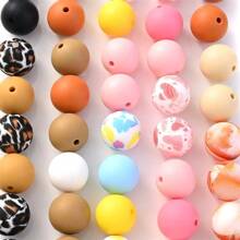 50顆15mm牛奶花印花矽膠珠,圓形散珠,適用於珠寶製作、diy項鍊手鍊鑰匙掛手機鍊、手工藝品供應材料 - 彩色 - 查看 10