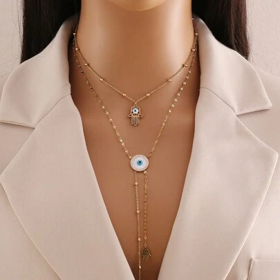 Freegrow 1 Pieza De Collar De Doble Capa De Acero Inoxidable Con Diseño De Ojo Y Palma, Adecuado Para El Uso Diario De Las Mujeres